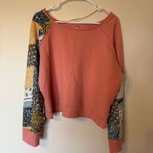 Free People Coral and Multicolor Patchwork Sweatshirt